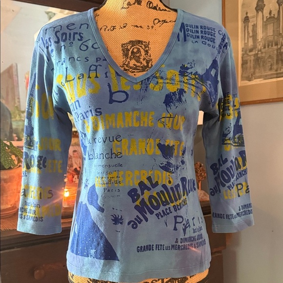 Glima Tops - Glima Blue & Yellow Moulin Rouge Graphic Print V-Neck 3/4 Sleeve Cotton Top
